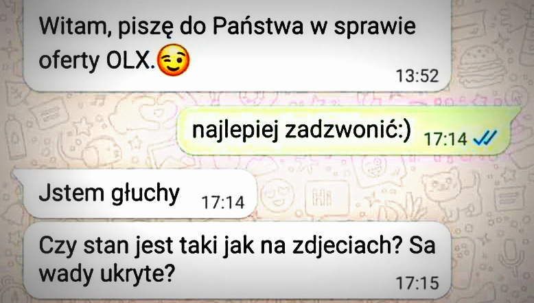 Zrzut ekranu z telefonu komórkowego z treścią rozmowy sprzedającej z olx i oszustem.