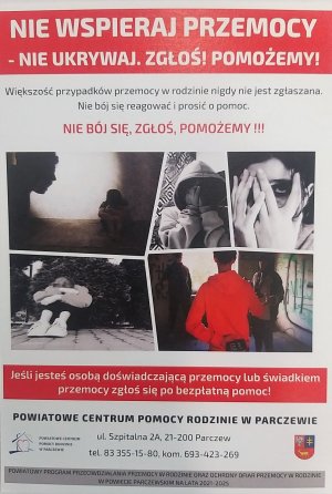 plakat w kolorach biało - czerwonych z napisem nie wspieraj przemocy i zdjęcia osób z zasłoniętymi rękoma