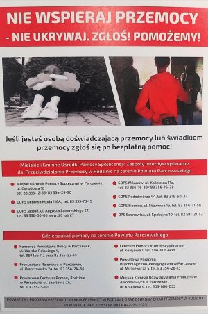 plakat biało - czerwony z danymi instytucji do kontaktu w razie wystąpienia przemocy w rodzinei