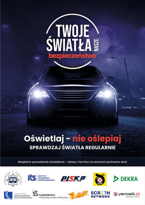 plakat kampanii, pojazd z włączonymi światłami na granatowym tole