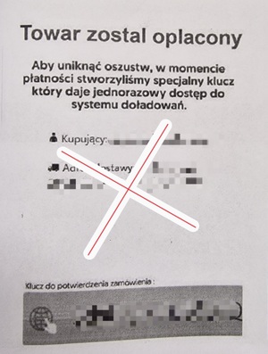 screen wiadomości dotyczący fałszywego opłacenia towaru