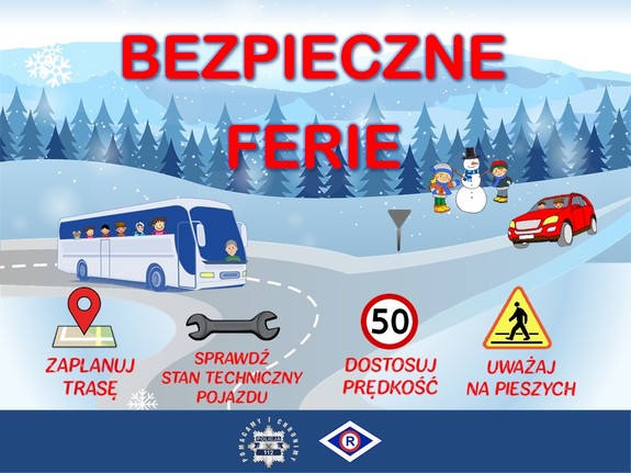 plakat dotyczący bezpiecznych ferii, na nim autobus, dzieci, bałwan, samochód, klucz mechaniczny, znak drogowy uwaga przejście dla pieszych oraz ograniczenie prędkości do  km/h