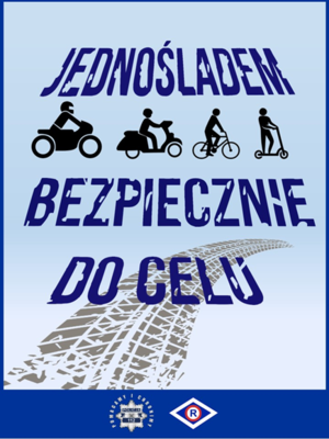 plakat z niebieskim tłem a na nim ikony rower, hulajnoga, motor