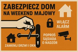 plakat z obrazkiem kluczy, kłódki, zamka do drzwi, domu na pomarańczowym tle