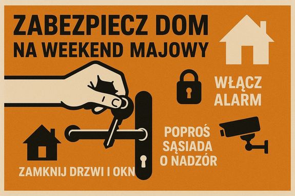 plakat z obrazkiem kluczy, kłódki, zamka do drzwi, domu na pomarańczowym tle
