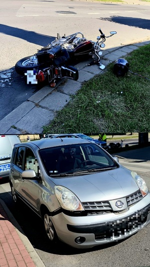 uszkodzony pojazd osobowy koloru szarego oraz motocykl przewrócony w rejonie skrzyzowania