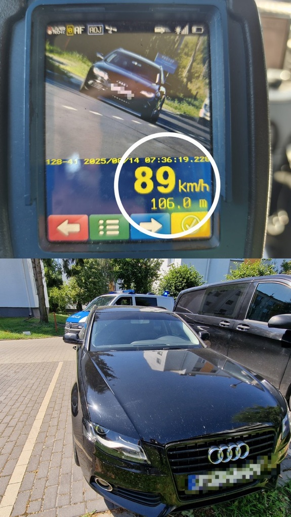 zdjecie zatrzymanego pojazdu Audi koloru czarnego oraz zdjęcie z prędkością miernik