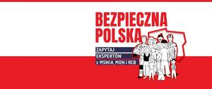 flaga polski w kolorze biało - czerwonym z ikonami postaci ludzi i napisem &quot;Bezpieczna Polska&quot;