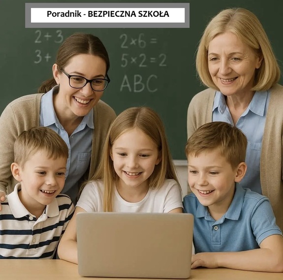 nauczyciele i dzieci patrzące w ekran laptopa
