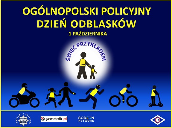 plakat akcji Świeć przykładem z różnymi gadźetami odblaskowymi na niebieskim tle