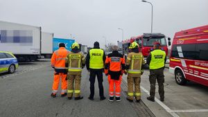 policjanci strażacy i ratownicy medyczni w mindurach staojący tyłem