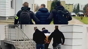 kolaż zatrzymanych mężczyzn prowadzonych przez policjantów kryminalanych