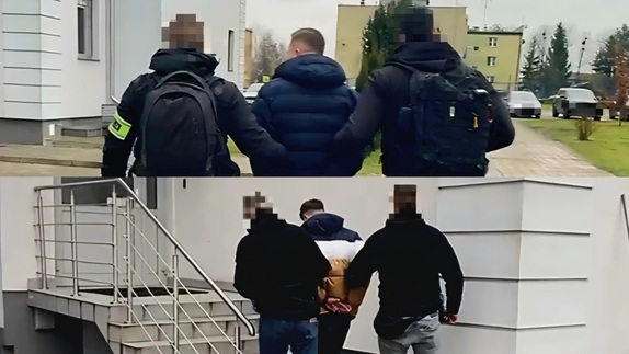 kolaż zatrzymanych mężczyzn prowadzonych przez policjantów kryminalanych