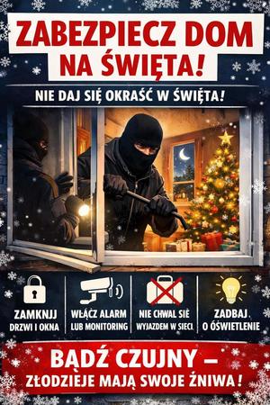 plakat przedstawiający mężczyznę w czarnej bluzie wchodzącego przez otwarte okno