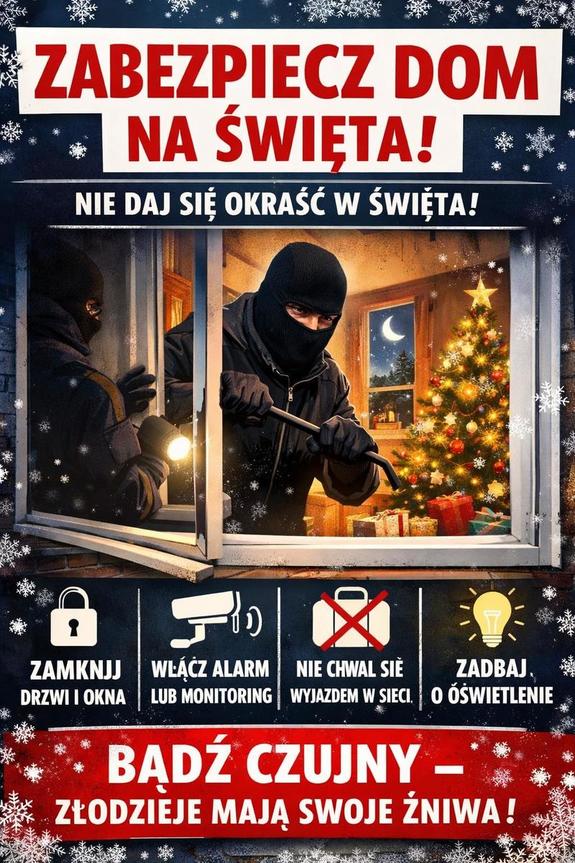 plakat przedstawiający mężczyznę w czarnej bluzie wchodzącego przez otwarte okno