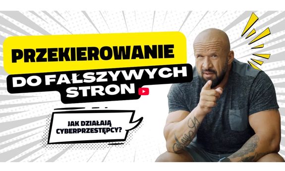 mężczyzna wskazujący palcem na napis "Przekierowanie do fałszywych stron"