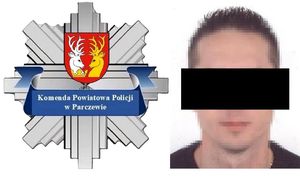 kolaż zdjęć. Logo parczewskiej komendy. twarz zatrzymanego poszukiwanego