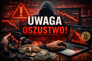 grafika inwestycji giełdowych na czerwono-czarnym tle z napisem uwaga oszustwo!