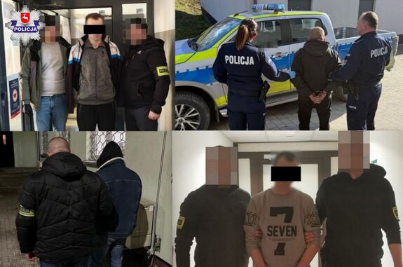 osoby zatrzymane doprowadzane przez policjantów