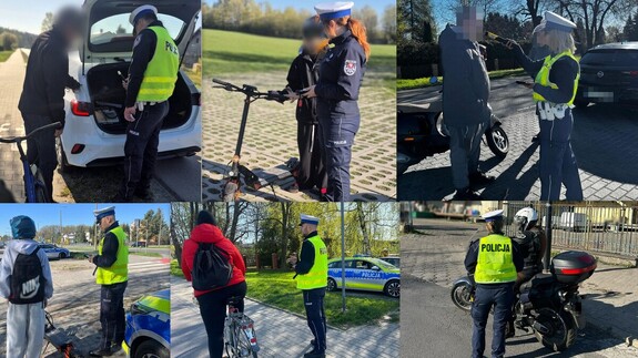 kolaż zdjęć policjantów i osób kierujących jednosladami