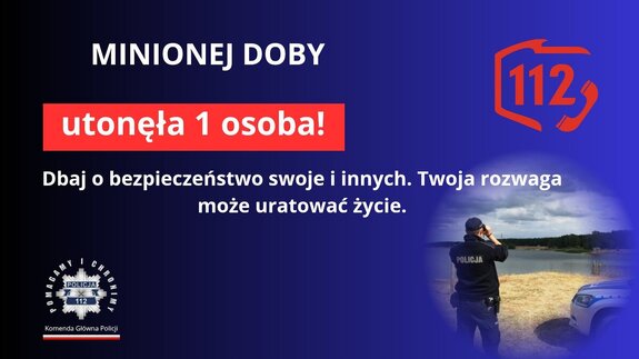 policjant patrzący przez lornetkę w stronę wody na niebieskim tle