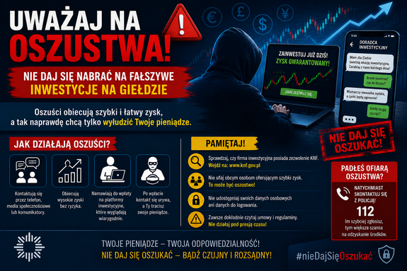 plakat dotyczący inwestycji giełdowych na ciemnym tle ze wskazówkami jak nie paść ofiarą oszustów