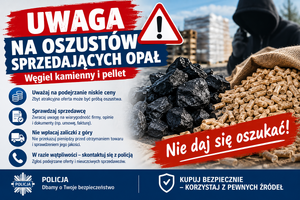 plakat ostrzegający przed oszustami w tle węgiel kamienny i pellet