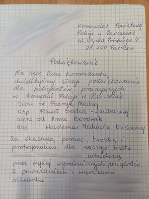 list z podziękowaniami